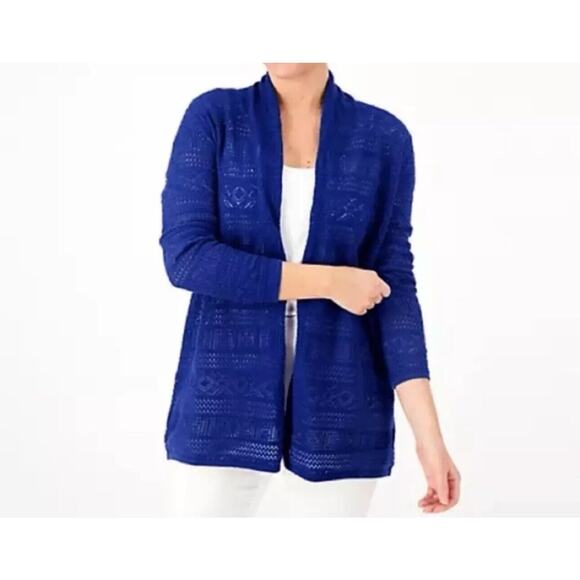 Joan Rivers Sweaters - Joan Rivers Cardigan Sz L Open Crochet Knit Boho Beach Blue Lagenlook Shawl New